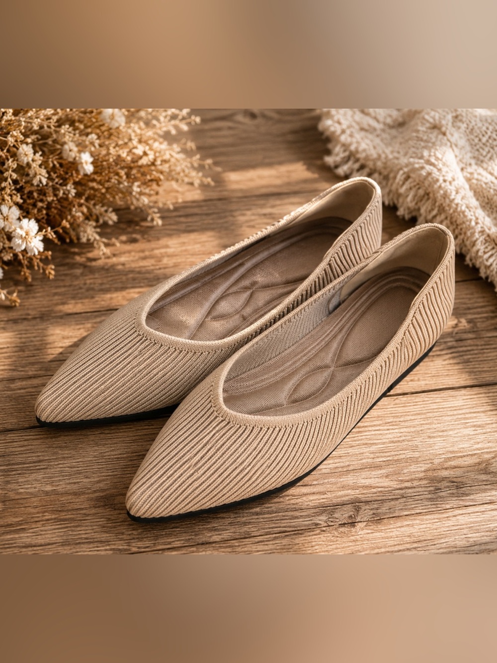 Amazon Knit Pointed-Toe Flats - Beige